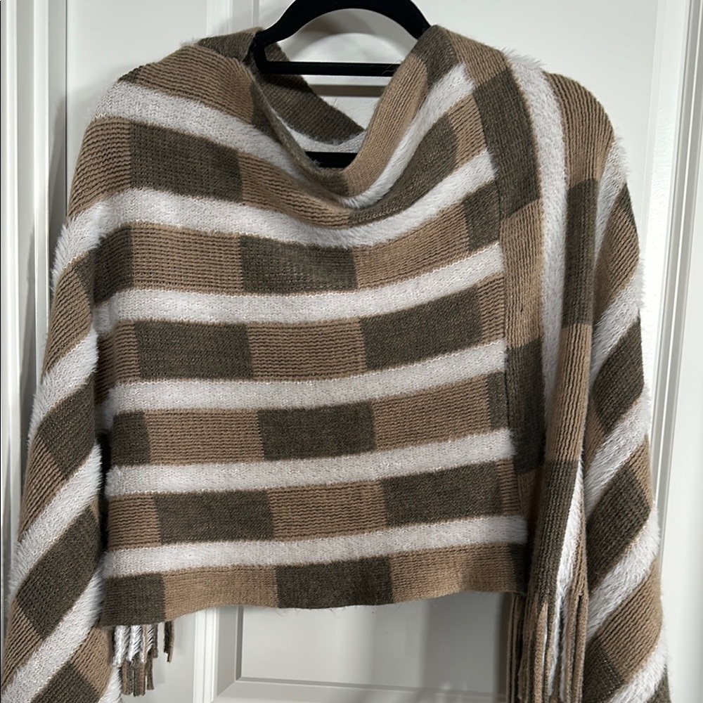 Striped Knit poncho - Olive, Tan, and White